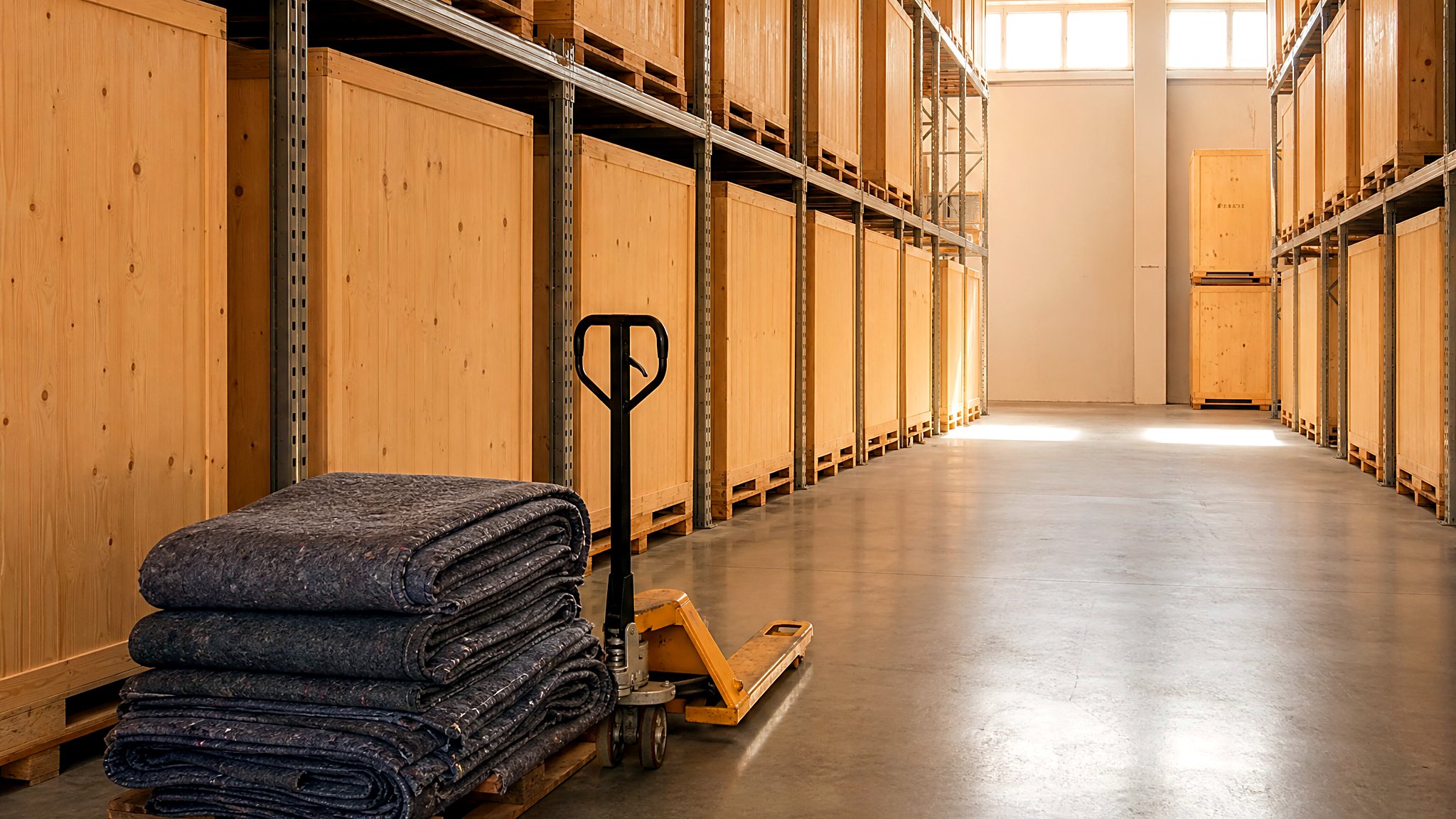Box deposito in legno su scaffalature dedicate, con transpallet e coperte da trasloco